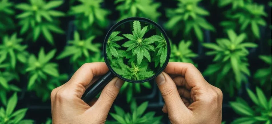 a person holding a magnifying magnifying a marijuana leaf