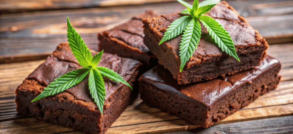 March’s Must-Try Cannabis Edibles -a stack of brownies with marijuana leaf on top