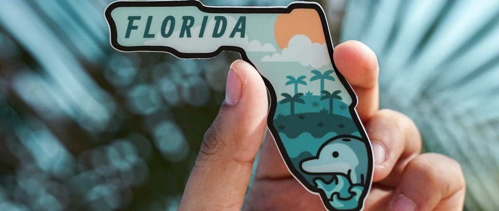 a person holding a florida state shaped sticker