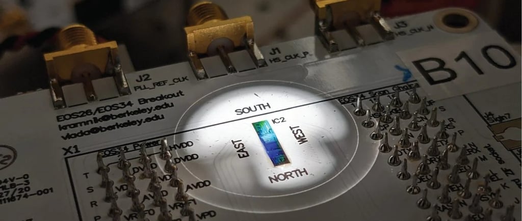 Packaged circuit board containing the chip placed under microscope in probestation during an experim