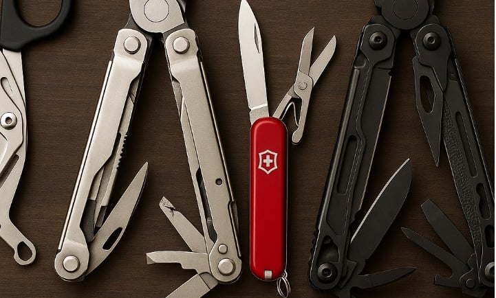 a swiss army knife knife and scissors on a table
