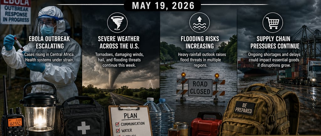 Current events preparedness infographic covering Ebola, severe weather, flooding, and supply chain risks.