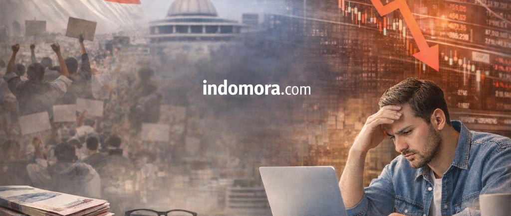 Ilustrasi ketidakpastian politik dan ekonomi dengan tulisan indomora.com.