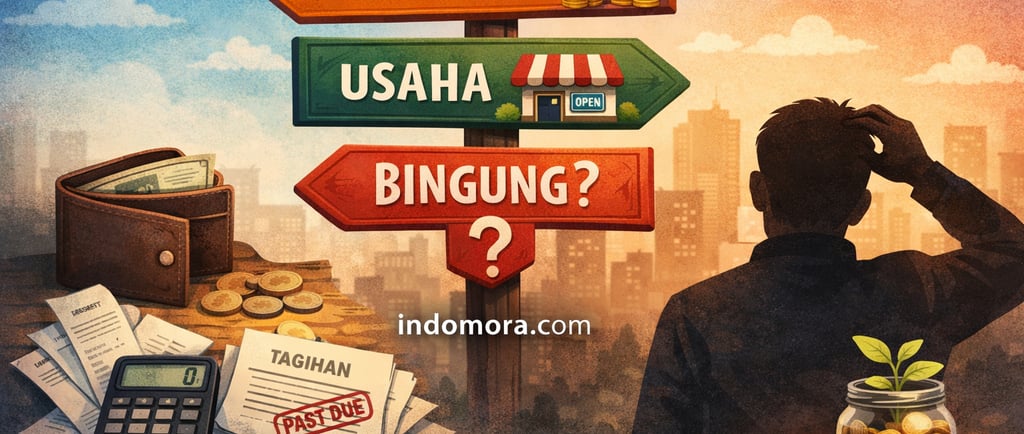Ilustrasi seseorang sedang bingung memilih antara investasi atau memulai usaha saat kondisi keuangan