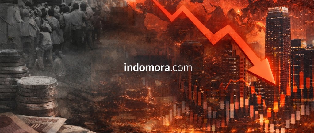 Ilustrasi krisis ekonomi global dengan tulisan indomora.com.
