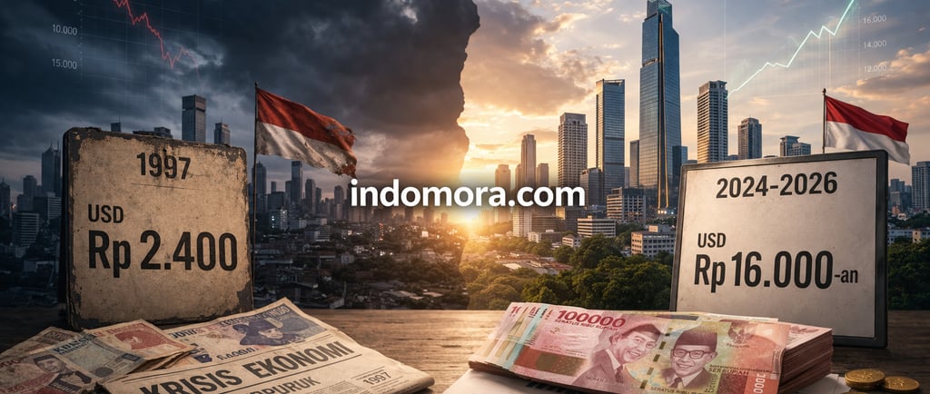 Ilustrasi perbandingan kurs rupiah ke dolar di Indonesia dan tulisan indomora.com
