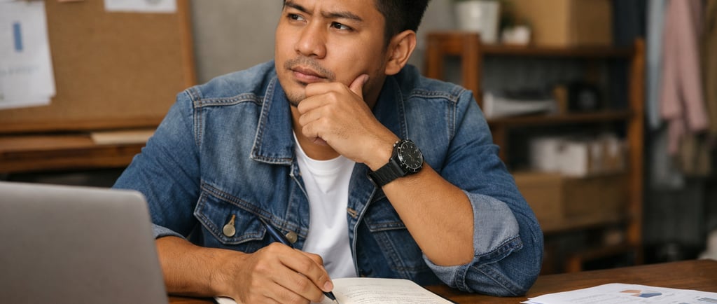 seorang pria tampan berpikir diatas meja ilustrasi indomora.com