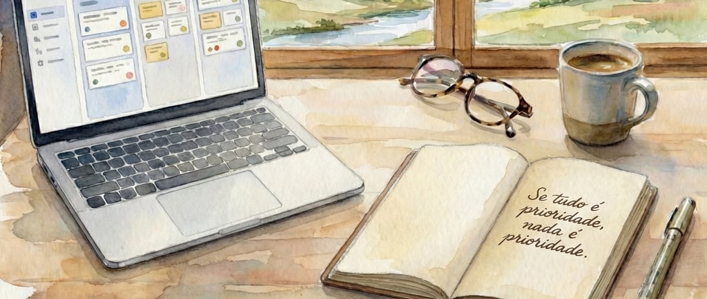 Watercolor workspace with a laptop, open notebook, and coffee cup near a window overlooking a landscape.