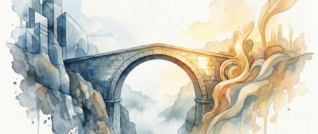 Watercolor painting of a stone bridge connecting a modern city to abstract golden swirls.