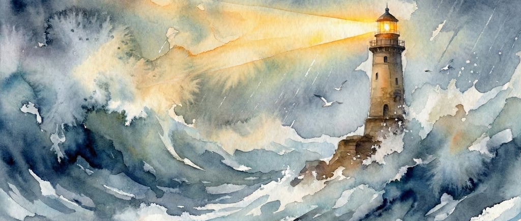 Watercolor painting of a stone lighthouse illuminating stormy ocean waves and a rainy sky.