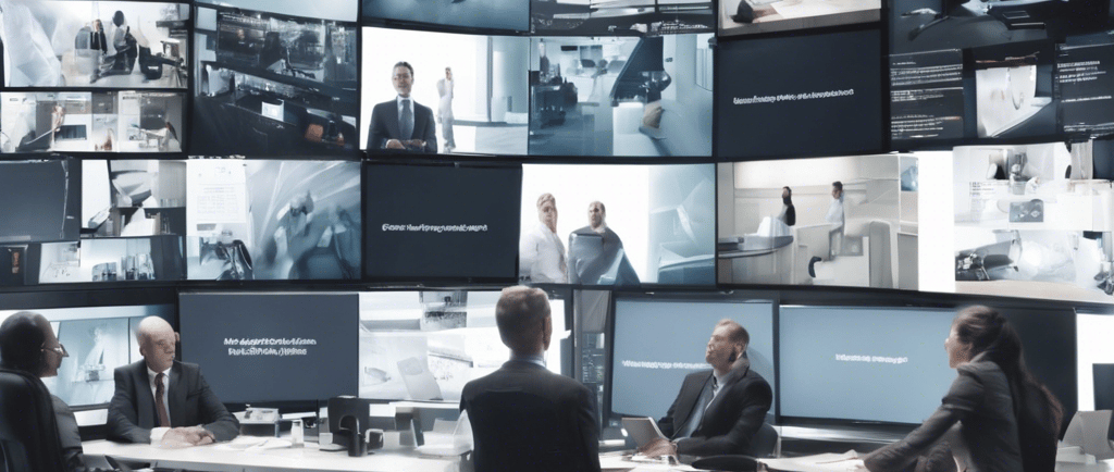 a group of people sitting at a table with multiple monitors and monitors