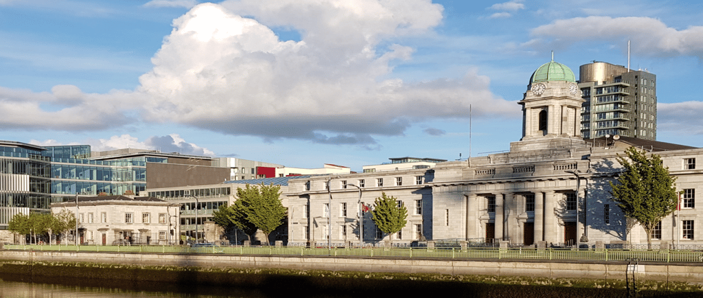 Panoramic view of Mullheim's business buildings on the river Ruhr.