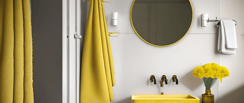 a bathroom with a yellow sink and yellow and white towels