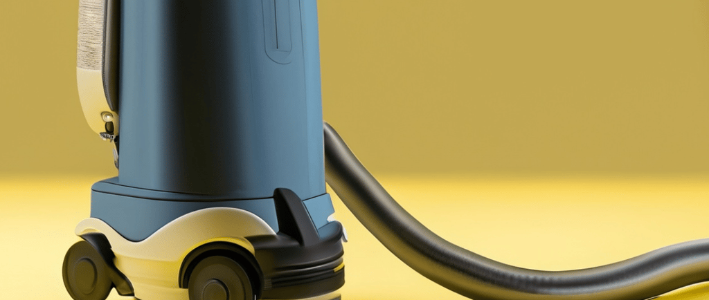 a vacuum cleaner with a hose on a yellow background