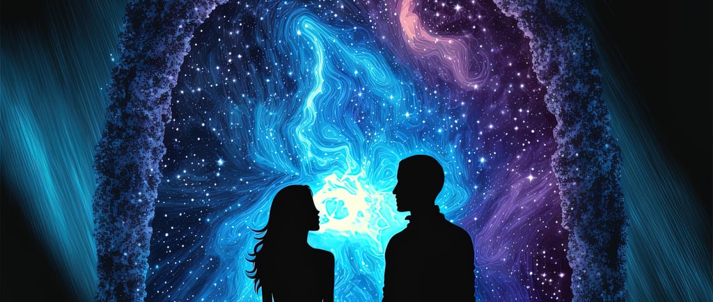 a couple standing in front of a galaxy - like structure