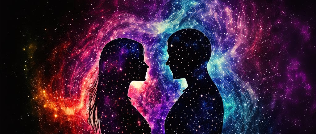 a couple standing in front of a colorful galaxy like background