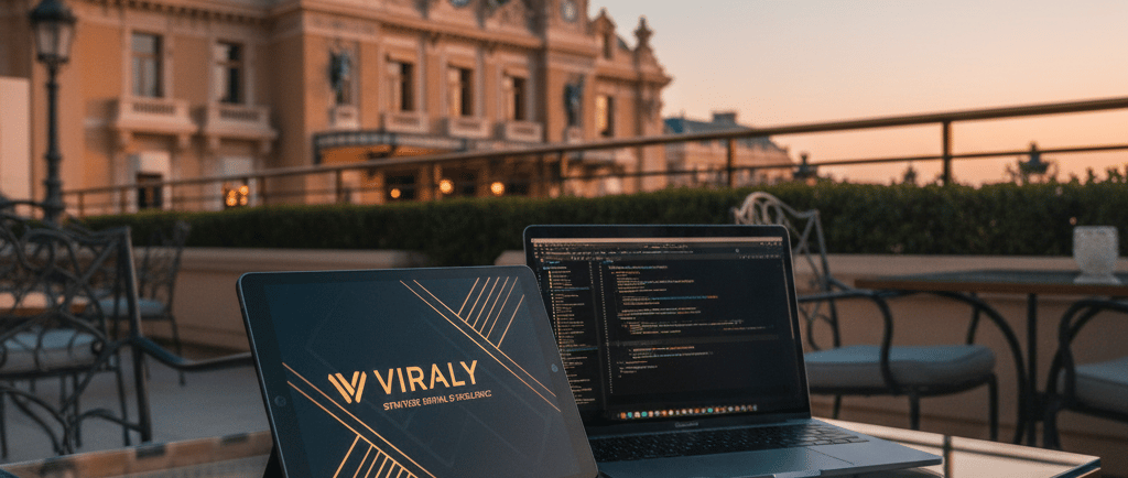 Terrasse luxueuse à Monaco avec vue latérale sur le Casino de Monte-Carlo, symbolisant l'excellence 