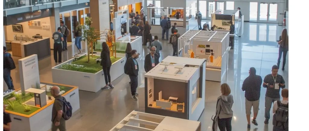 Attendees engaging at a modern food and beverage trade show