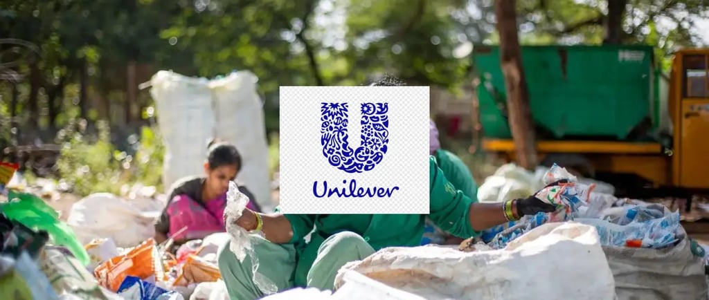 behind the Unilever log women are collecting wastage plastics,