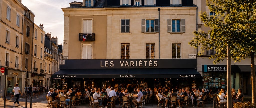 Crowded outdoor terrace of Les Variétés cafe in a historic French city street at sunset.