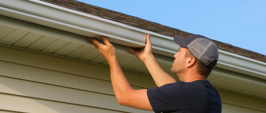 Professional installer fitting a seamless aluminum gutter on a beige house in Calgary, Everdrains gutter services