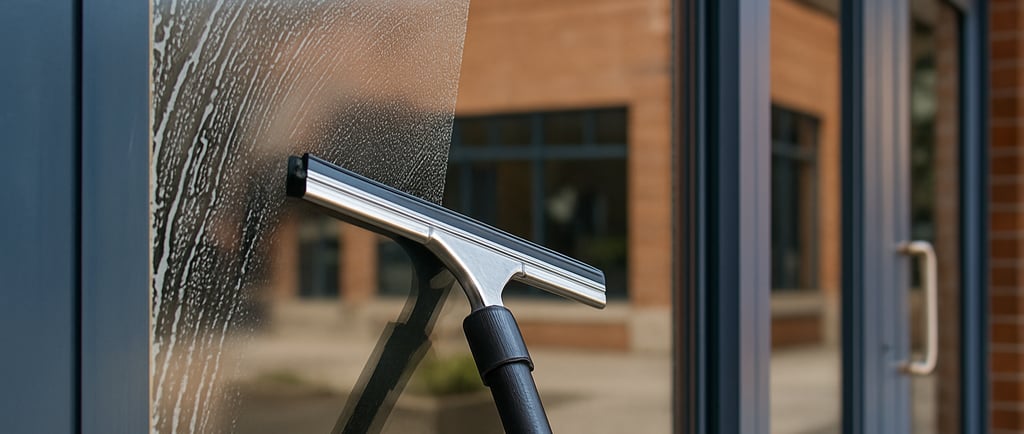 Window cleaning squeegee, wiping soap off the glass.