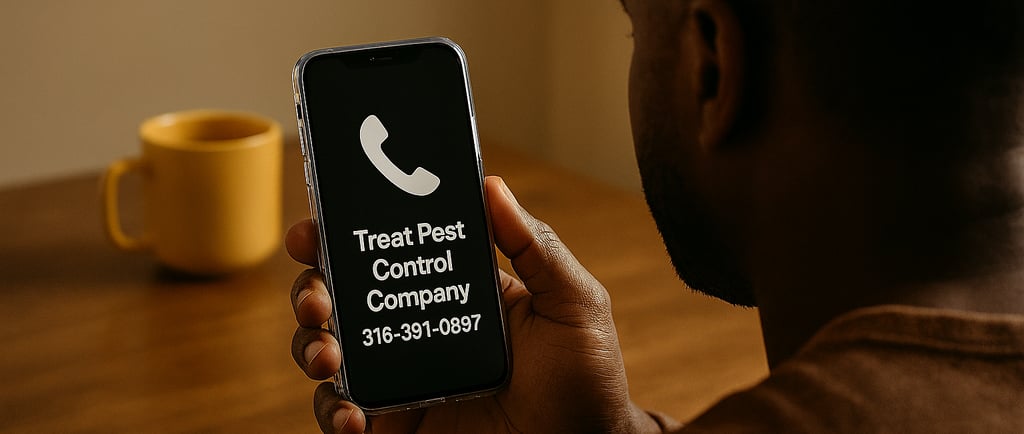 Man holding cell phone calling Treat Pest Control Company today