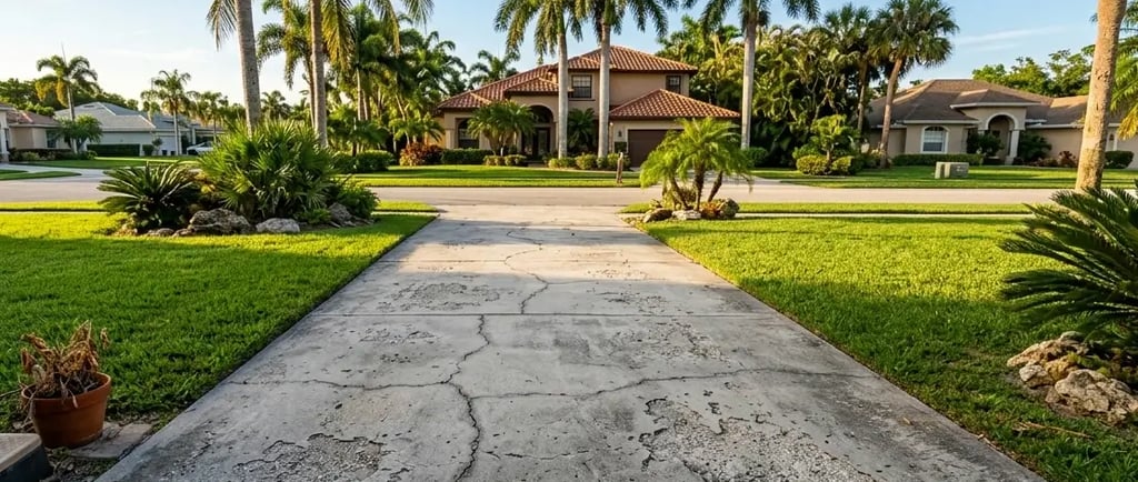 weathered residential concrete driveway in a sunny Florida suburban neighborhood, showing visible cracks
