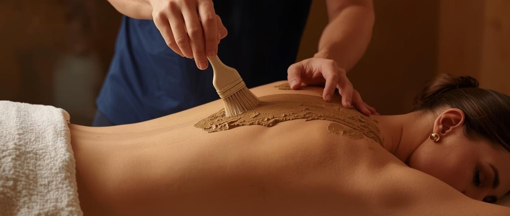 A spa therapist applies a mineral mud mask to a woman's back using a brush during a relaxing body treatment.