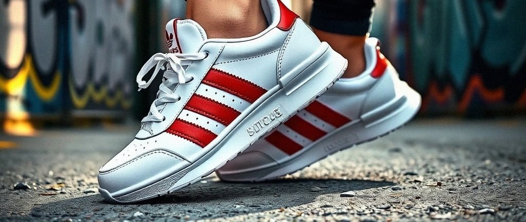 A pessoa está usando um tênis Adidas vermelho e branco enquanto está parada na rua.