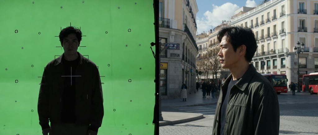 Proceso de post-producción VFX: comparación de croma y composición digital final. Madrid