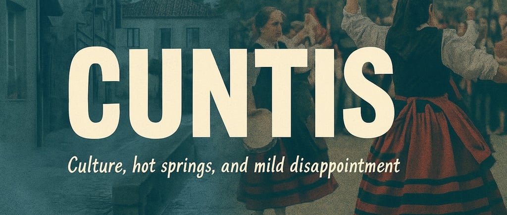 CUNTIS in bold over a collage of Cuntis images with Culture, hot springs, and mild disappointment 