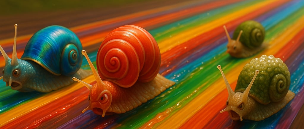 A colorful scene featuring four snails on a vibrant, striped surface. The snails are depicted in var