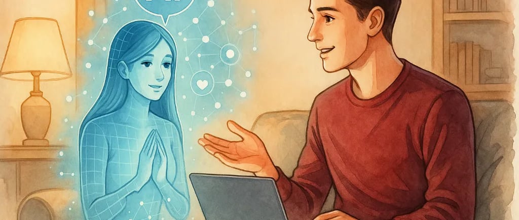 AI companion; a man and woman sitting on a couch