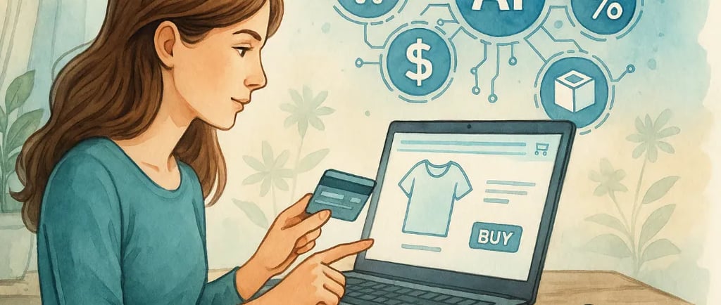 Buying with AI; a woman is holding a credit card and looking at her credit card