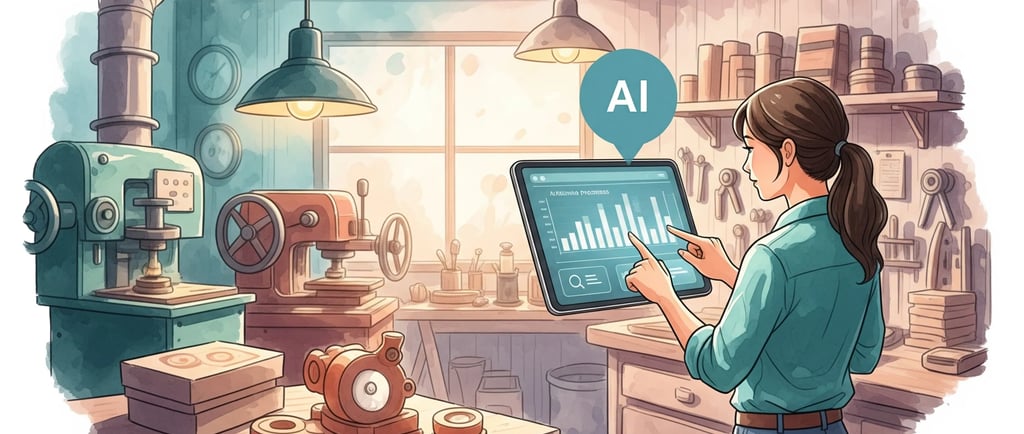 AI in manufacturing: a woman in a blue shirt is holding a tablet computer