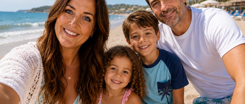 A smiling family of four enjoys a sunny beach holiday, taking a selfie on a sandy beach with the sea