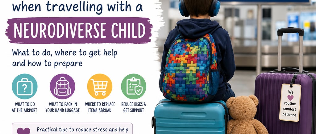 Alt text:  A young child wearing ear defenders sits on a suitcase in an airport baggage reclaim area