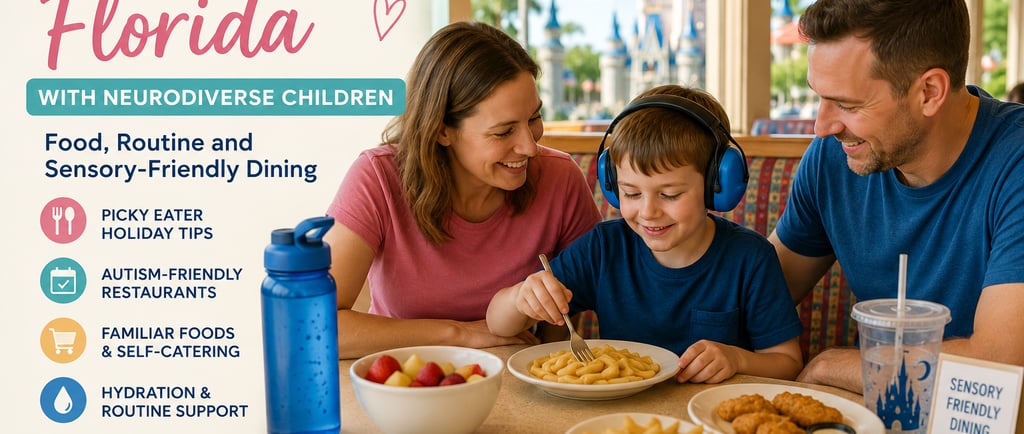 Alt text: Family enjoying a relaxed meal at a Florida theme park restaurant, with a neurodiverse ch