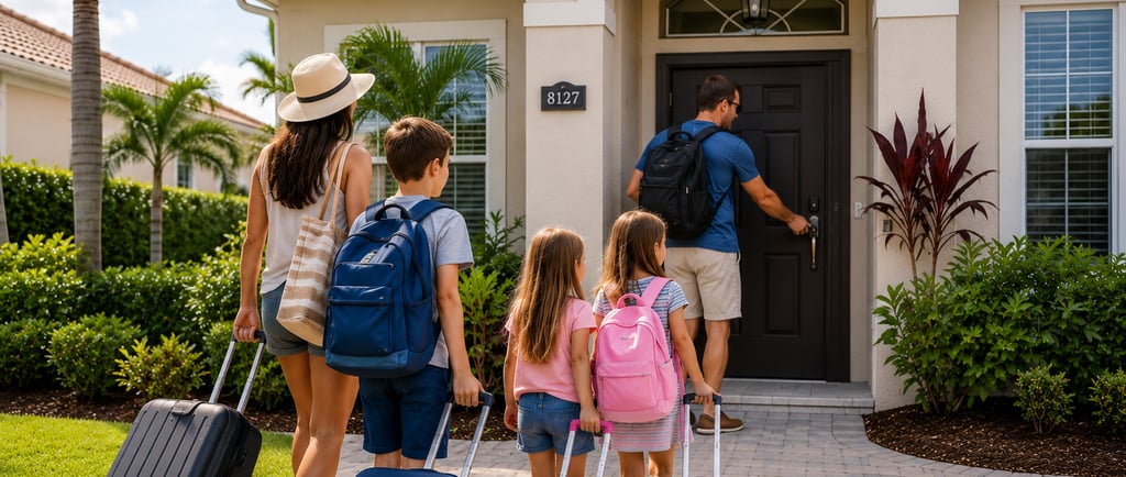 Family arriving at a private Florida holiday villa with luggage, ideal autism-friendly accommodation