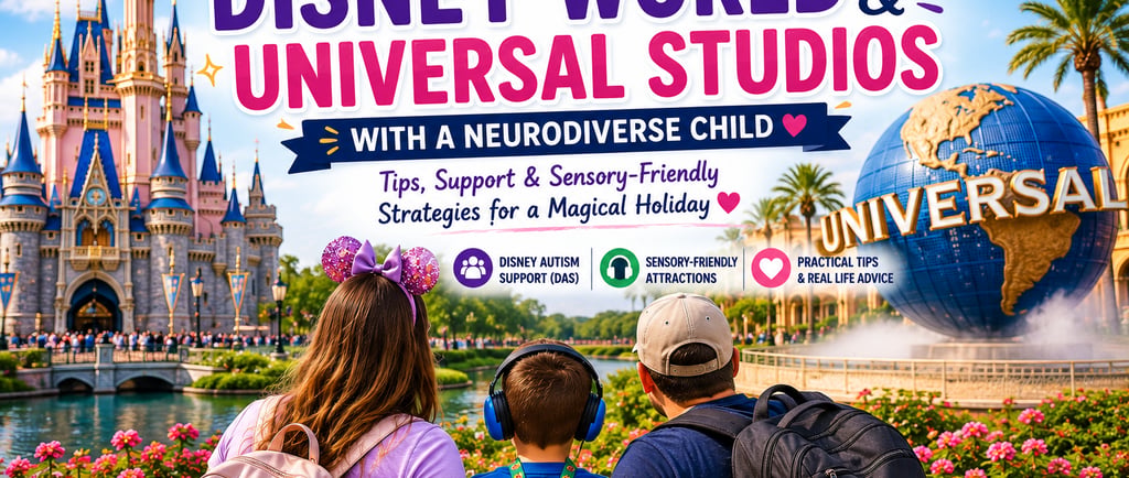 Family with a neurodiverse child at Disney World and Universal Orlando, highlighting autism-friendly