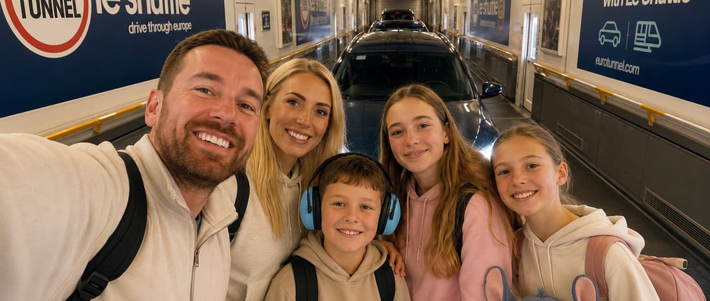 **Alt text:**  *Family of five travelling through the Eurotunnel LeShuttle on their way to Disneylan