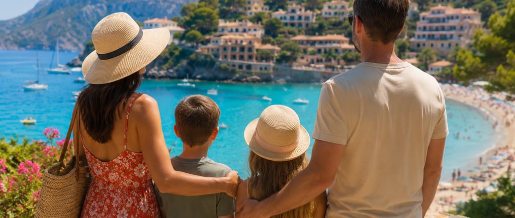 **Alt text:**  *A family of four enjoying a sunny holiday in Majorca, overlooking a beautiful Medite