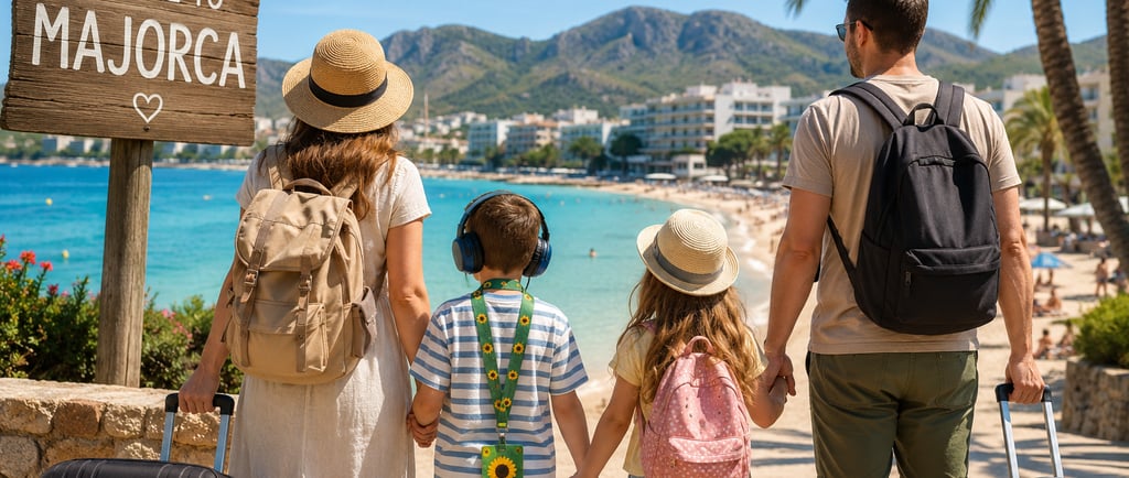 **SEO Alt Text:**  **"Family of four arriving in Majorca for their first holiday abroad, walking alo