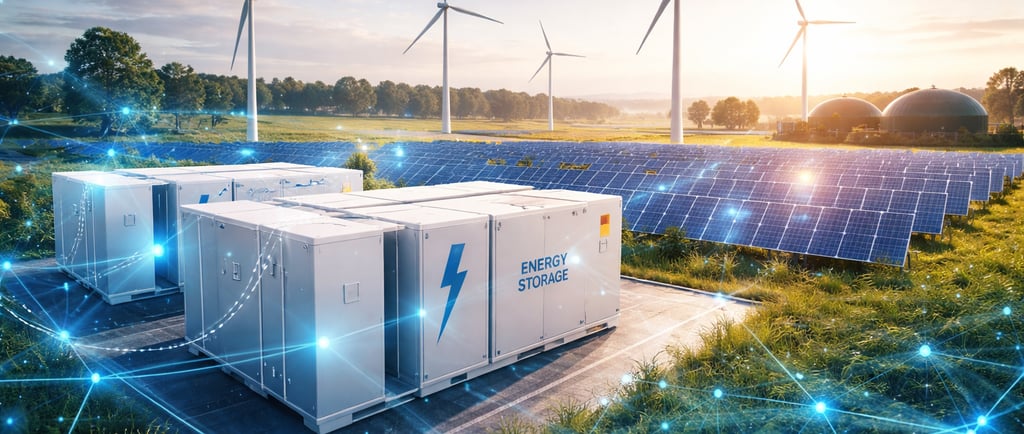 Digitale Illustration eines virtuellen Kraftwerks mit großen Batteriespeicher-Containern