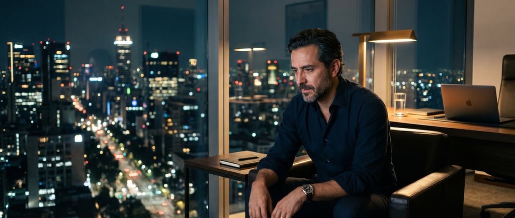 Ejecutivo latino de 45 años con cansancio constante trabajando de noche en oficina