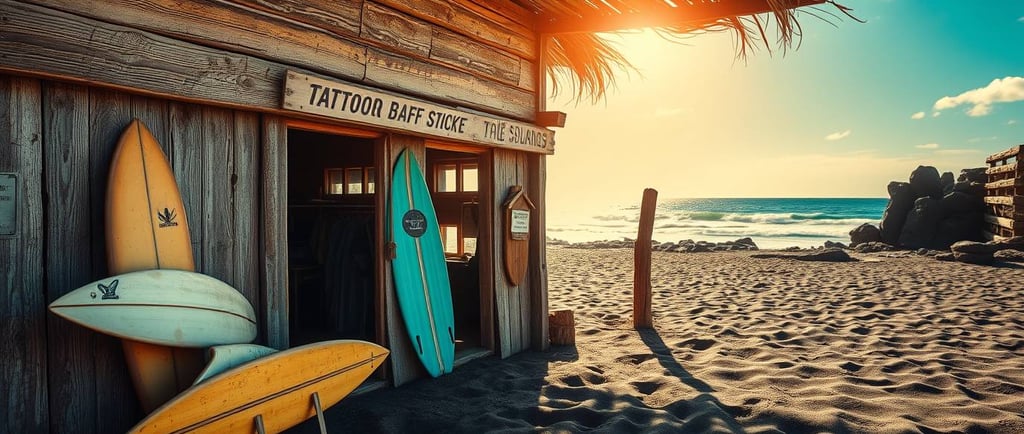 a beach hut with surfboards and surfboards