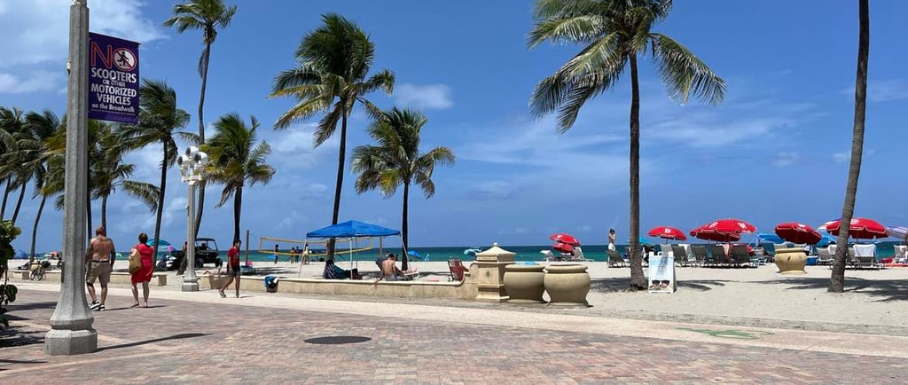 a beach with palm trees and people walking on the beach