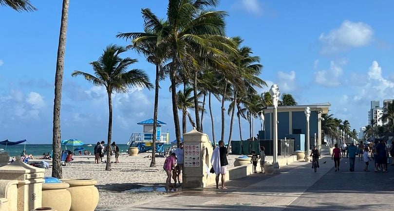 a beach with palm trees and people walking on the beach