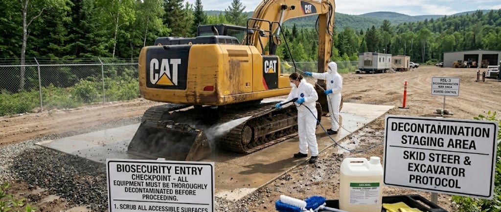 Workers in hazmat suits pressure wash a yellow CAT excavator at a biosecurity decontamination staging area.